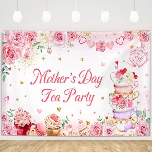 MEHOFOND Mother's Day Tea Party Decorations Backdrop Banner Pink Floral Mother's Day Photography Background Mother's Day Tea Party Theme I Love You Mom Banner Table Supplies Photo Booth Props 6x3.6ft in Saudi Arabia