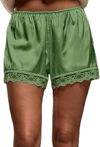 Satin Silk Lace Trim Shorts for Women Low Rise Elastic Waist Mini Shorts Lace Patchwork Slip Silky Pajama Bottoms in Saudi Arabia