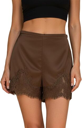 Satin Silk Lace Trim Shorts for Women Low Rise Elastic Waist Mini Shorts Lace Patchwork Slip Silky Pajama Bottoms in Saudi Arabia