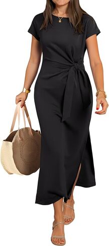 ANRABESS Womens Summer Maxi Dress Casual Crew Neck Tie Waist Split Wrinkle-Free Fit Long Fashion Vacation Dresses 2026 Spring in Kuwait