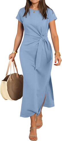 ANRABESS Womens Summer Maxi Dress Casual Crew Neck Tie Waist Split Wrinkle-Free Fit Long Fashion Vacation Dresses 2026 Spring in Kuwait