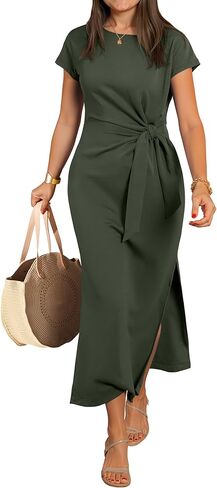 ANRABESS Womens Summer Maxi Dress Casual Crew Neck Tie Waist Split Wrinkle-Free Fit Long Fashion Vacation Dresses 2026 Spring in Kuwait