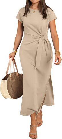 ANRABESS Womens Summer Maxi Dress Casual Crew Neck Tie Waist Split Wrinkle-Free Fit Long Fashion Vacation Dresses 2026 Spring in Kuwait