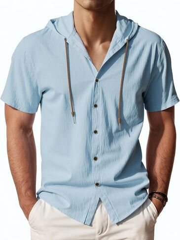 Men's Short Sleeve Shirt Button Down Shirts Summer Casual Hoodie Lightweight Fashion in Saudi Arabia