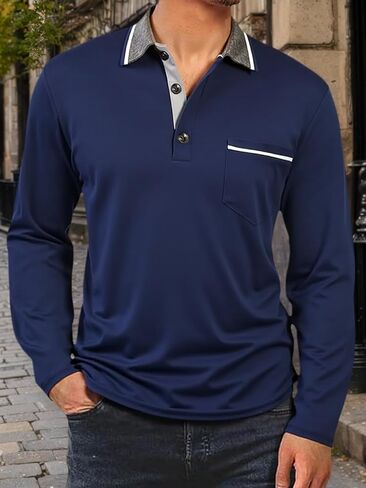 Men's Polo Shirts Long Sleeve Color Block Classic Button Golf Shirt with Pocket Casual Fashion in Saudi Arabia