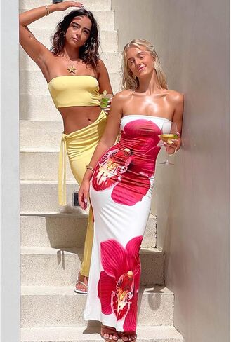 Realtix المرأة الصيف الأزهار طباعة حمالة Bodycon ماكسي اللباس مثير صديرية دائرية جاهزة حزب فساتين طويلة الزفاف ضيف in Kuwait