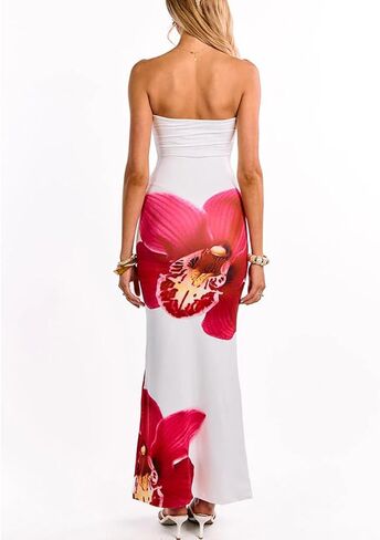 Realtix المرأة الصيف الأزهار طباعة حمالة Bodycon ماكسي اللباس مثير صديرية دائرية جاهزة حزب فساتين طويلة الزفاف ضيف in Kuwait