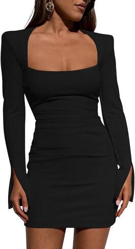 GOBLES Women's Elegant Long Sleeve Square Neck High Waist Ruched Bodycon Mini Cocktail Dress in Saudi Arabia