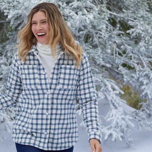 Lands' End Women's Print Anyweather Fleece Shirt Jacket Large Ivory Latte Plaid in Saudi Arabia