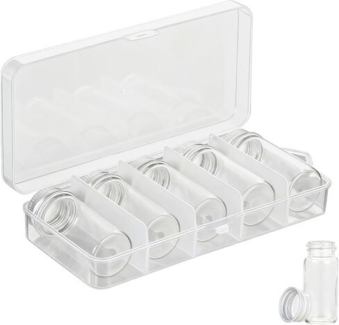 منظم حبوب منع الحمل الزجاجي للسفر، 5 قطع من علب حبوب الدواء الأسبوعية مع أغطية لولبية، وعاء عينة شفاف مانع للتسرب مع فم واسع، زجاجات زجاجية صغيرة محمولة للأدوية والفيتامينات وزيوت السمك والمكملات الغذائية in Kuwait