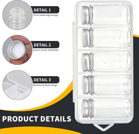 منظم حبوب منع الحمل الزجاجي للسفر، 5 قطع من علب حبوب الدواء الأسبوعية مع أغطية لولبية، وعاء عينة شفاف مانع للتسرب مع فم واسع، زجاجات زجاجية صغيرة محمولة للأدوية والفيتامينات وزيوت السمك والمكملات الغذائية in Kuwait