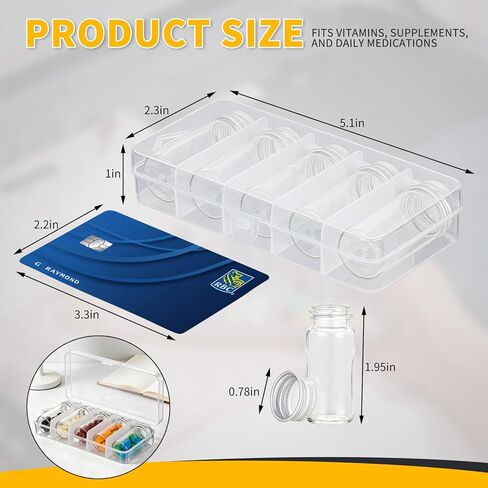 منظم حبوب منع الحمل الزجاجي للسفر، 5 قطع من علب حبوب الدواء الأسبوعية مع أغطية لولبية، وعاء عينة شفاف مانع للتسرب مع فم واسع، زجاجات زجاجية صغيرة محمولة للأدوية والفيتامينات وزيوت السمك والمكملات الغذائية in Kuwait