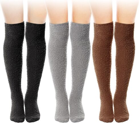 3 Pairs High Fuzzy Socks over Knee Long Stocking Coral Fleece Plush Socks for Women Soft Warm Leg Warmers in Saudi Arabia