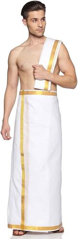 طقم Dhoti جاهز من القطن الأبيض للرجال من Sethukrishna مع مجموعة Angavastram (أبيض) (مقاس واحد) (D537-S) in Kuwait