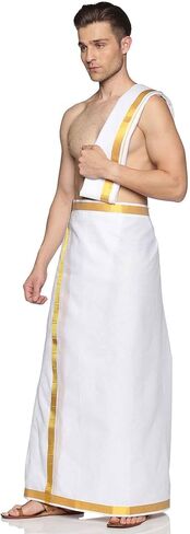 طقم Dhoti جاهز من القطن الأبيض للرجال من Sethukrishna مع مجموعة Angavastram (أبيض) (مقاس واحد) (D537-S) in Kuwait