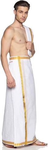 طقم Dhoti جاهز من القطن الأبيض للرجال من Sethukrishna مع مجموعة Angavastram (أبيض) (مقاس واحد) (D537-S) in Kuwait