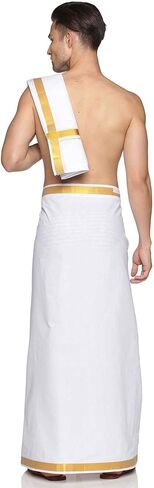 طقم Dhoti جاهز من القطن الأبيض للرجال من Sethukrishna مع مجموعة Angavastram (أبيض) (مقاس واحد) (D537-S) in Kuwait