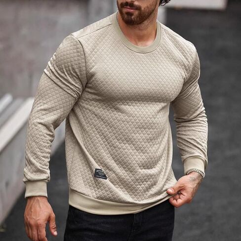 Men’s Quilted Long Sleeve Sweatshirt Crewneck Pullover Casual Lightweight Soft Top for Autumn Winter in Saudi Arabia