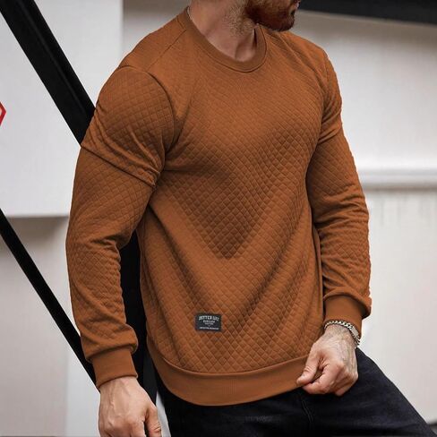Men’s Quilted Long Sleeve Sweatshirt Crewneck Pullover Casual Lightweight Soft Top for Autumn Winter in Saudi Arabia
