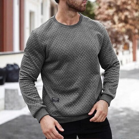 Men’s Quilted Long Sleeve Sweatshirt Crewneck Pullover Casual Lightweight Soft Top for Autumn Winter in Saudi Arabia