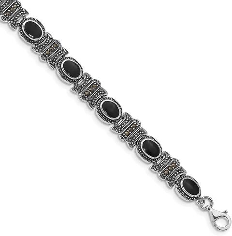 Diamond2Deal 925 Sterling Silver Rhodium Plated Marcasite and Onyx Bracelet 7.25" in Saudi Arabia