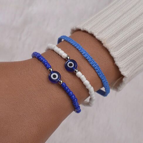 3Pcs Evil Eye Beaded Bracelets for Women Adjustable Stack String Friendship Bracelets Amulet Minimalist Spiritual Protection Jewelry Gifts for Women Best Friend in Saudi Arabia