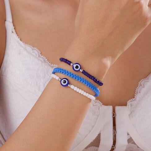 3Pcs Evil Eye Beaded Bracelets for Women Adjustable Stack String Friendship Bracelets Amulet Minimalist Spiritual Protection Jewelry Gifts for Women Best Friend in Saudi Arabia