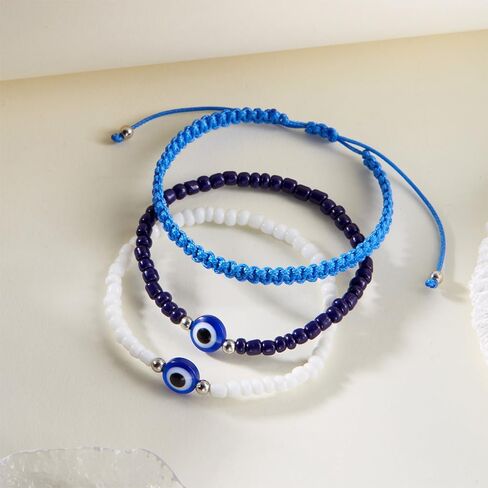 3Pcs Evil Eye Beaded Bracelets for Women Adjustable Stack String Friendship Bracelets Amulet Minimalist Spiritual Protection Jewelry Gifts for Women Best Friend in Saudi Arabia