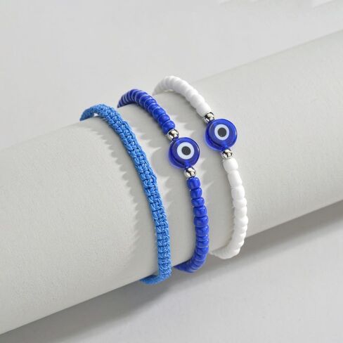 3Pcs Evil Eye Beaded Bracelets for Women Adjustable Stack String Friendship Bracelets Amulet Minimalist Spiritual Protection Jewelry Gifts for Women Best Friend in Saudi Arabia