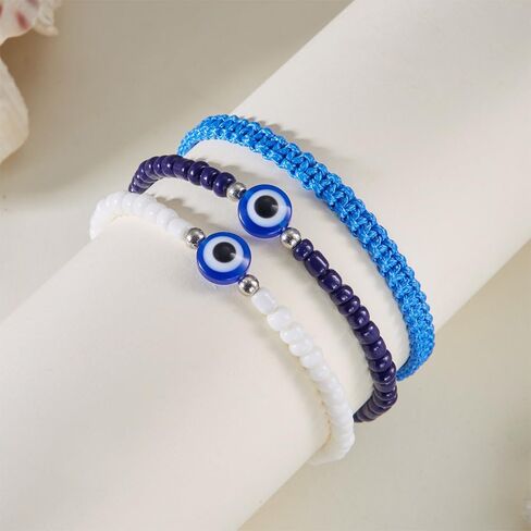 3Pcs Evil Eye Beaded Bracelets for Women Adjustable Stack String Friendship Bracelets Amulet Minimalist Spiritual Protection Jewelry Gifts for Women Best Friend in Saudi Arabia