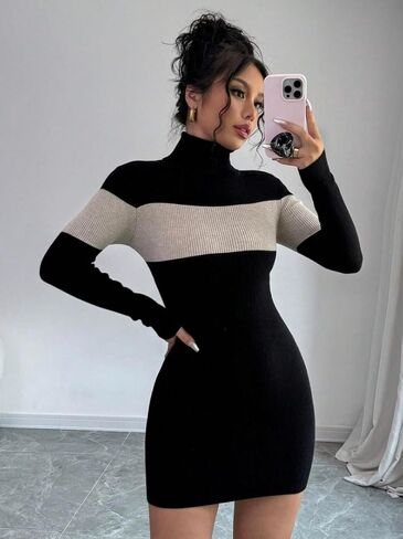 Womens' High Neck Colorblock Dress Elegant Fall Sweater Dresses in Saudi Arabia