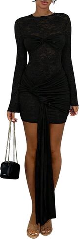 فستان Floerns النسائي من الدانتيل الشفاف Bodycon قصير الأكمام وربطة عنق وفساتين الحفلات in Kuwait