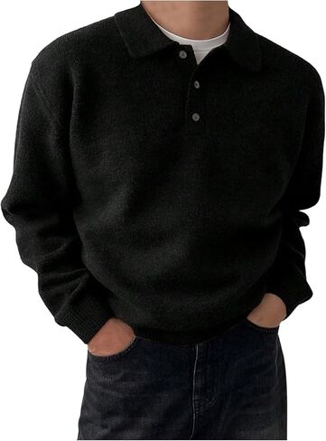OYOANGLE Men's Button Front Collared Neck Pullover Sweater Drop Shoulder Solid Casual Knit Tops in Saudi Arabia