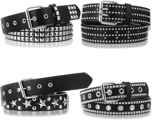 4 Piece Studded Rivet Double Grommet Belt Set - Faux Leather Gothic Goth Black Studded Belt - Punk Style Accessories for Men Women Ideal Gift in Saudi Arabia