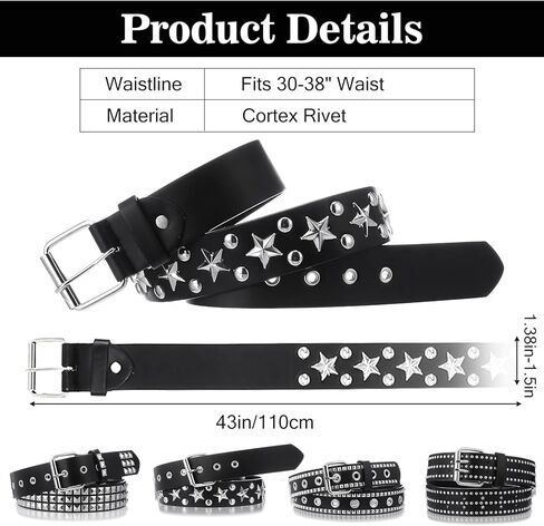 4 Piece Studded Rivet Double Grommet Belt Set - Faux Leather Gothic Goth Black Studded Belt - Punk Style Accessories for Men Women Ideal Gift in Saudi Arabia