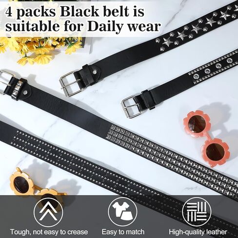 4 Piece Studded Rivet Double Grommet Belt Set - Faux Leather Gothic Goth Black Studded Belt - Punk Style Accessories for Men Women Ideal Gift in Saudi Arabia
