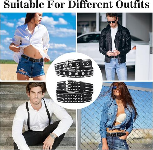 4 Piece Studded Rivet Double Grommet Belt Set - Faux Leather Gothic Goth Black Studded Belt - Punk Style Accessories for Men Women Ideal Gift in Saudi Arabia