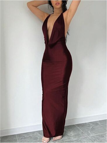 SOLY HUX Women's Tie Backless Halter Dress Cowl Neck Bodycon Maxi Cocktail Party Dresses in Saudi Arabia