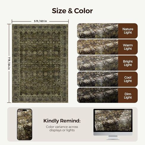WITSHOCK 5x7 Olive Green Rug for Living Room: Modern Vintage Boho Moody Retro Antique Farmhouse, Non-Slip Low Pile Stain Resistant Brown Rugs for Bedroom Nursery Dining Under Table Lounge in Saudi Arabia