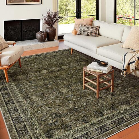 WITSHOCK 5x7 Olive Green Rug for Living Room: Modern Vintage Boho Moody Retro Antique Farmhouse, Non-Slip Low Pile Stain Resistant Brown Rugs for Bedroom Nursery Dining Under Table Lounge in Saudi Arabia