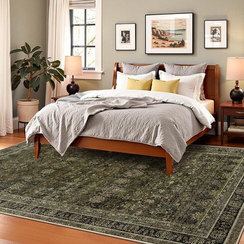 WITSHOCK 5x7 Olive Green Rug for Living Room: Modern Vintage Boho Moody Retro Antique Farmhouse, Non-Slip Low Pile Stain Resistant Brown Rugs for Bedroom Nursery Dining Under Table Lounge in Saudi Arabia