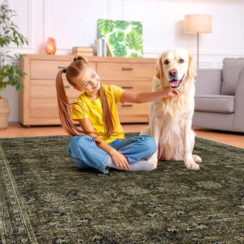 WITSHOCK 5x7 Olive Green Rug for Living Room: Modern Vintage Boho Moody Retro Antique Farmhouse, Non-Slip Low Pile Stain Resistant Brown Rugs for Bedroom Nursery Dining Under Table Lounge in Saudi Arabia