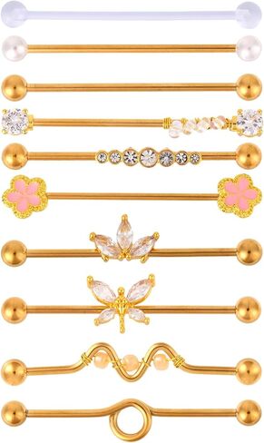 10pcs 14G Industrial Piercing Bar Jewelry, Stainless Steel Gold Industrial Barbell Stud Earrings Cartilage Piercing Earrings Jewellery for Women Men in Saudi Arabia