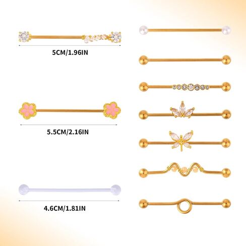 10pcs 14G Industrial Piercing Bar Jewelry, Stainless Steel Gold Industrial Barbell Stud Earrings Cartilage Piercing Earrings Jewellery for Women Men in Saudi Arabia