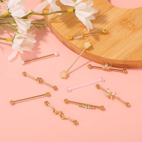 10pcs 14G Industrial Piercing Bar Jewelry, Stainless Steel Gold Industrial Barbell Stud Earrings Cartilage Piercing Earrings Jewellery for Women Men in Saudi Arabia