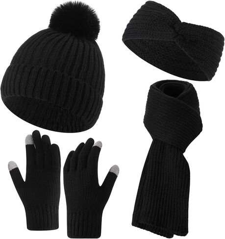 4 Pcs Winter Beanie Hat Scarf Gloves Headband Set Pom Pom Hat for Women Black Touchscreen Glove Long Neck Knit Scarf Wide Headband Cable 4 in 1 Set for Winter(Black) in Saudi Arabia