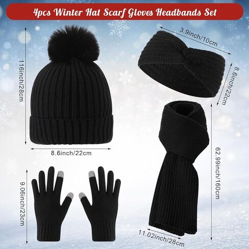 4 Pcs Winter Beanie Hat Scarf Gloves Headband Set Pom Pom Hat for Women Black Touchscreen Glove Long Neck Knit Scarf Wide Headband Cable 4 in 1 Set for Winter(Black) in Saudi Arabia