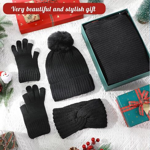 4 Pcs Winter Beanie Hat Scarf Gloves Headband Set Pom Pom Hat for Women Black Touchscreen Glove Long Neck Knit Scarf Wide Headband Cable 4 in 1 Set for Winter(Black) in Saudi Arabia
