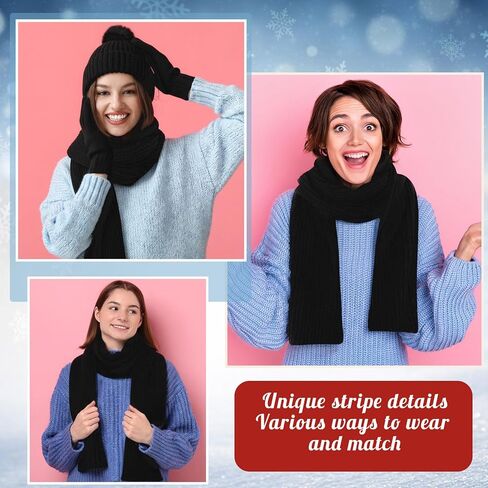 4 Pcs Winter Beanie Hat Scarf Gloves Headband Set Pom Pom Hat for Women Black Touchscreen Glove Long Neck Knit Scarf Wide Headband Cable 4 in 1 Set for Winter(Black) in Saudi Arabia