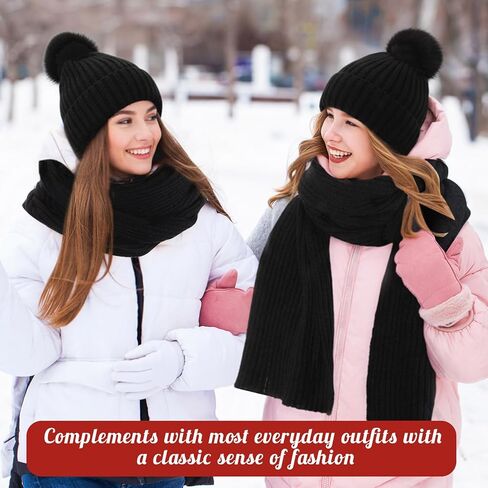 4 Pcs Winter Beanie Hat Scarf Gloves Headband Set Pom Pom Hat for Women Black Touchscreen Glove Long Neck Knit Scarf Wide Headband Cable 4 in 1 Set for Winter(Black) in Saudi Arabia